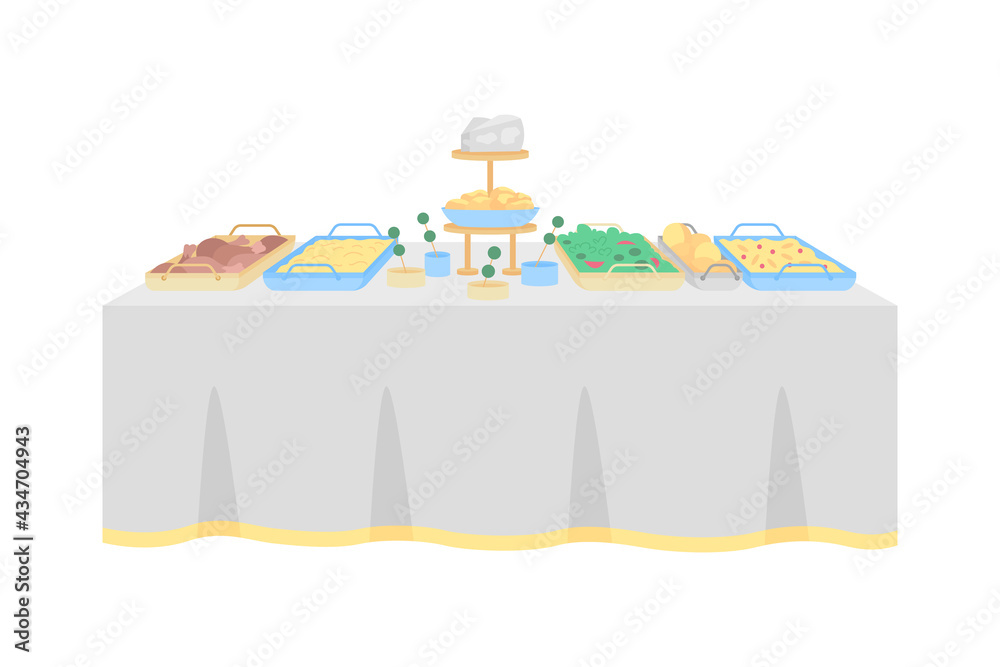 Buffet table for wedding reception flat color vector object. Hotel  restaurant. Multiple hot, cold dishes. Table serving for party isolated  cartoon illustration for web graphic design and animation Stock Vector |  Adobe