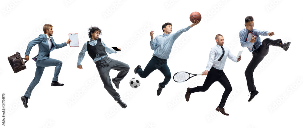 Collage of different professional office styled sportsmen, fit people in action and motion isolated on white background. Flyer.