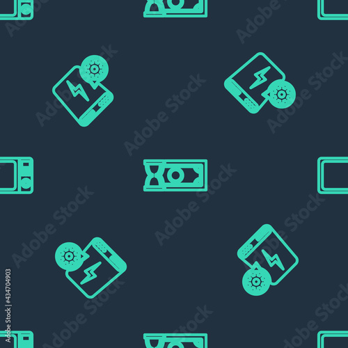 Set line Fast payments, Power bank setting and Microwave oven on seamless pattern. Vector