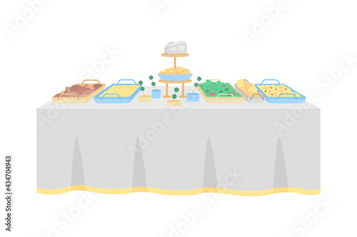 Buffet table for wedding reception flat color vector object. Hotel restaurant. Multiple hot, cold dishes. Table serving for party isolated cartoon illustration for web graphic design and animation