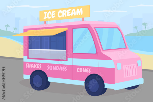 Ice cream truck on beach flat color vector illustration. Selling sundae from automobile. Refreshment shake, buy dessert. Icecream van 2D cartoon automobile with summer seascape on background