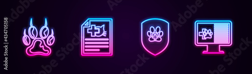 Set line Paw print, Medical certificate for dog or cat, Animal health insurance and Clinical record pet on monitor. Glowing neon icon. Vector