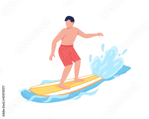 Surfer flat color vector faceless character. Man riding surfboard. Summer recreational activity. Extreme water sport isolated cartoon illustration for web graphic design and animation