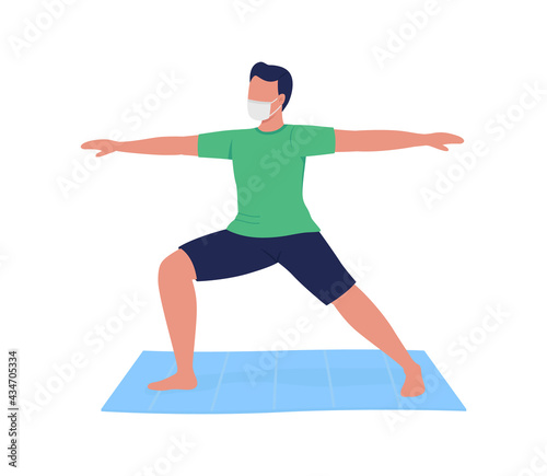 Man in mask practicing yoga flat color vector faceless character. Fitness for healthy lifestyle during pandemic. Meditation isolated cartoon illustration for web graphic design and animation