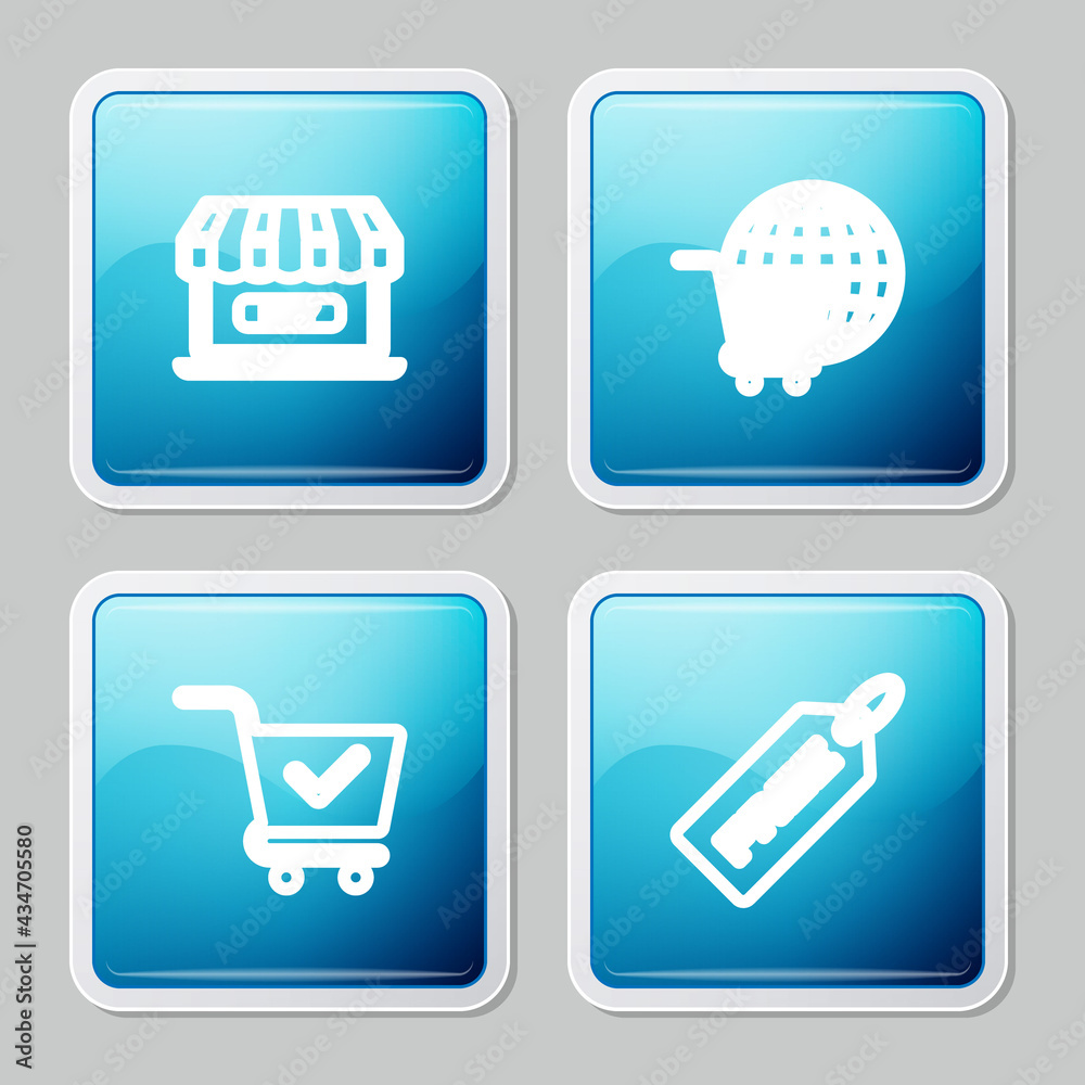 Set line Online shopping, Shopping cart with globe, check mark and Price tag Free icon. Vector Set line Online shopping, Shopping cart with globe, check mark and Price tag Free icon. Vector