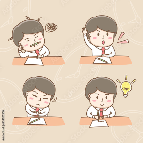 Design element vector of cute businessman cartoon characters in the office meeting actions, Morning meeting, Business meeting agenda, Cute cartoon hand drawn style.
