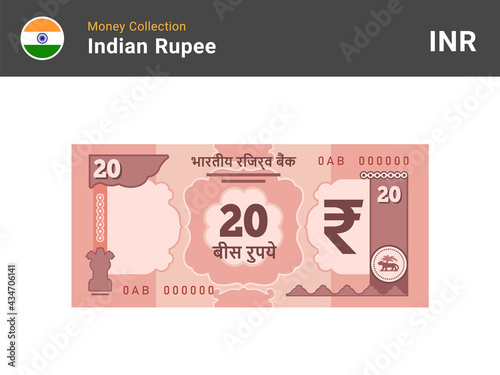 Indian rupee banknote. 20 bill paper money. Twenty INR cash. The official currency of India. Flat style. Simple minimal design. Vector illustration.