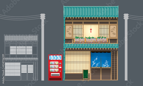 Shop modified from traditional wooden building in Japan. Vector, isolated with plain color background.