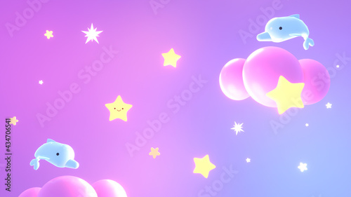 Cartoon dolphin, glowing yellow stars, and pink clouds in the purple night sky. 3d rendering picture.