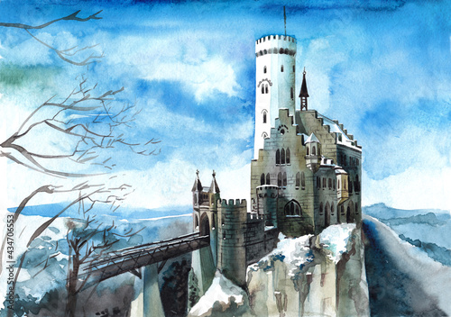 An illustration of a lovely winter landscape with a Gothic-style castle on a hilltop in blue and brown colors. Watercolour. Print. Postcard. Book. Wallpaper. Banner.Calendar.