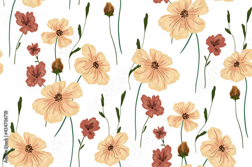 Seamless floral pattern. Spring atmosphere. Blooming meadow with large creamy flowers, small red flowers, small leaves. White background. Vector.