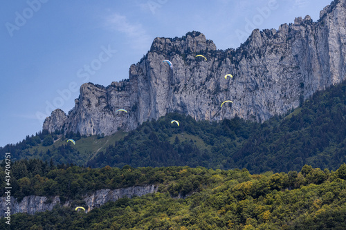 Multiple paragliders near lake Annecy  France