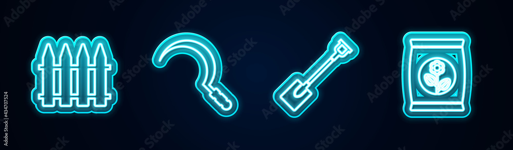 Set line Garden fence, Sickle, shovel and Fertilizer bag. Glowing neon icon. Vector Set line Garden fence, Sickle, shovel and Fertilizer bag. Glowing neon icon. Vector