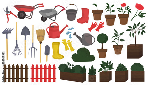 set of plants and garden tools isolated on a white background. Shovel, rake, watering cans, rubber gloves, pruning shears, bucket, carts, broom, trees, potted flowers, fences, home flowers isolated