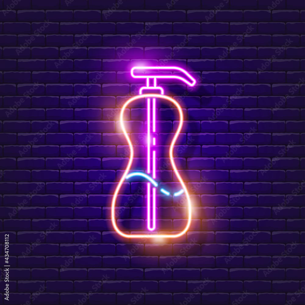Bottle with dispenser for liquid soap neon icon. Vector illustration for design. Liquid container glowing sign. Dishwashing liquid sign. Hygiene concept. Bottle with dispenser for liquid soap neon icon. Vector illustration for design. Liquid container glowing sign. Dishwashing liquid sign. Hygiene concept.