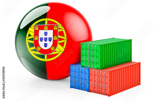 Cargo containers with Portuguese flag. Freight shipping in Portugal  3D rendering