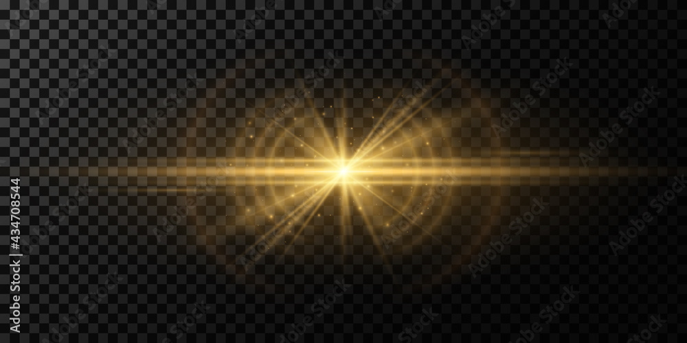 Stylish golden light effect on a dark transparent background. Vector footage for your project. Explosion with glowing sparks. Magic beams. Bright flare with rays.