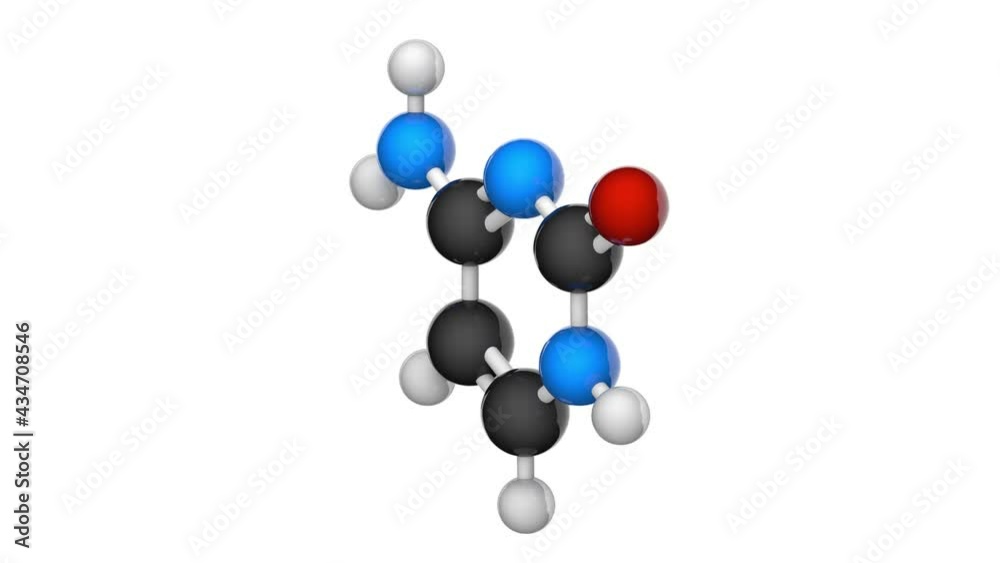 Cytosine. Nitrogenous base molecular structure(DNA and RNA parts). C4H5N3O. 3D render. Seamless loop. Chemical structure model: Ball and Stick. White background Cytosine. Nitrogenous base molecular structure(DNA and RNA parts). C4H5N3O. 3D render. Seamless loop. Chemical structure model: Ball and Stick. White background