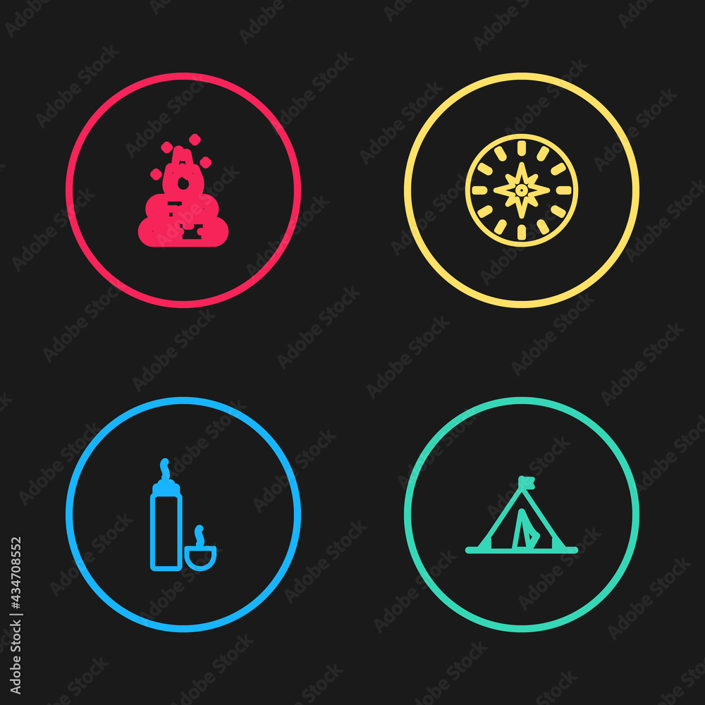 Set line Thermos container, Tourist tent with flag, Compass and Campfire icon. Vector Set line Thermos container, Tourist tent with flag, Compass and Campfire icon. Vector