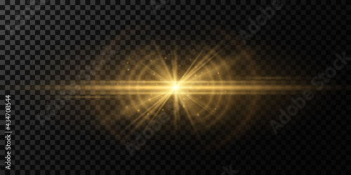 Stylish golden light effect on a dark transparent background. Vector footage for your project. Explosion with glowing sparks. Magic beams. Bright flare with rays. photo