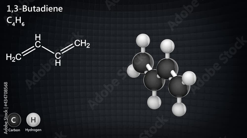 1,3-Butadiene (C4H6) is a synthetic, colorless gas. Other names: Biethylene, Erythrene, Bivinyl, Butadiene, Divinyl, Vinylethylene. 3D render. Seamless loop.