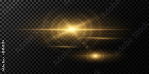 Abstract golden light effect on a dark transparent background. Vector footage for your project. Explosion with glowing sparks. Magic beams. Bright flare with rays.
