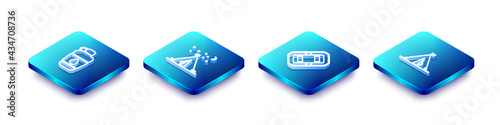 Set Isometric line Canteen water bottle, Tourist tent with flag, Rafting boat and icon. Vector