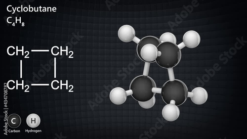 Structural chemical formula and molecular structure of Cyclobutane(C4H8). 3D render. Seamless loop. Chemical structure model: Ball and Stick.
