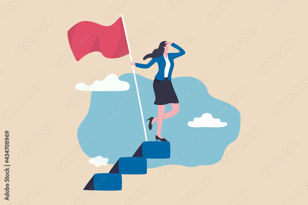 Success female entrepreneur, woman leadership or challenge and achievement concept, success businesswoman on top of career staircase holding winning flag looking for future visionary.