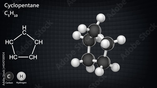 Structural chemical formula and molecular structure of Cyclopentane(pentamethylene). Formula: C5H10. 3D render. Seamless loop. Chemical structure model: Ball and Stick.