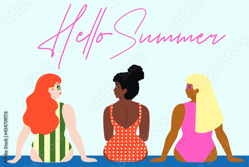 Hello Summer time beach illustration in vector. Women in swimsuits sunbathing and relaxing near the pool.