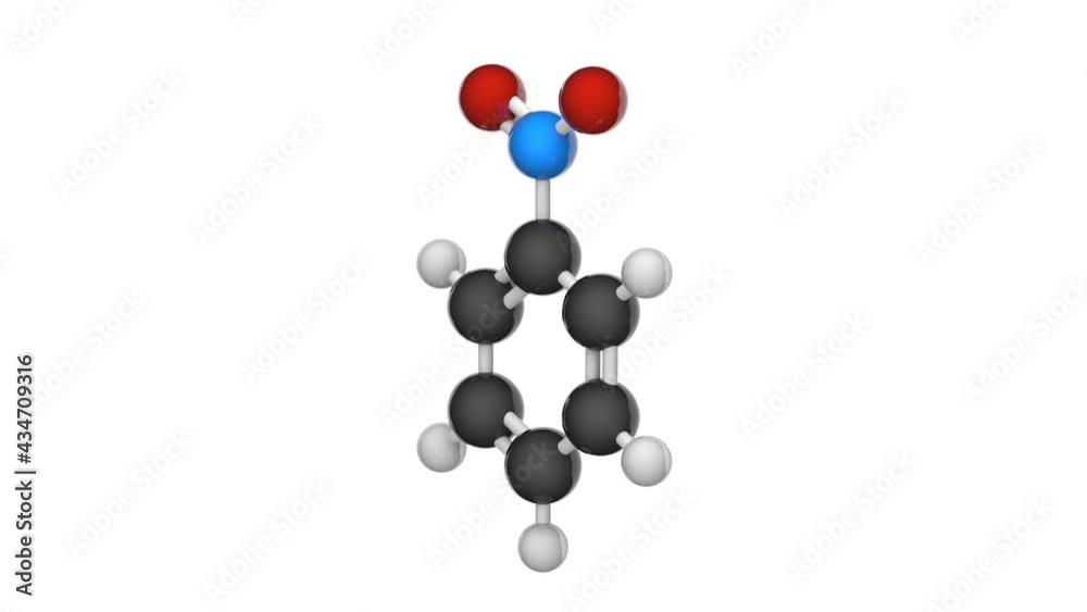 Nitrobenzene (Nitrobenzol or Oil of mirbane). Molecular formula: C6H5NO2. 3D render. Seamless loop. Chemical structure model: Ball and Stick. White background Nitrobenzene (Nitrobenzol or Oil of mirbane). Molecular formula: C6H5NO2. 3D render. Seamless loop. Chemical structure model: Ball and Stick. White background