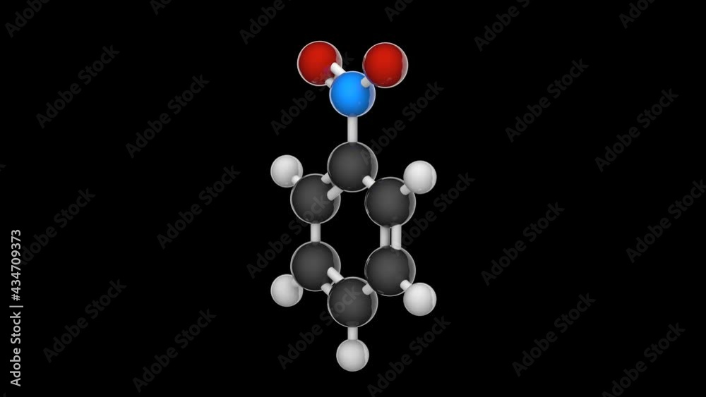 Nitrobenzene (Nitrobenzol or Oil of mirbane). Molecular formula: C6H5NO2. 3D render. Seamless loop. Chemical structure model: Ball and Stick. RGB + Alpha (Transparent) channel Nitrobenzene (Nitrobenzol or Oil of mirbane). Molecular formula: C6H5NO2. 3D render. Seamless loop. Chemical structure model: Ball and Stick. RGB + Alpha (Transparent) channel