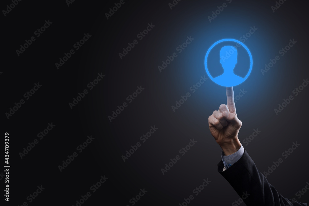 Businessman man holding shopping cart trolley mini cart in business digital payment interface.Business, commerce and shopping concept Businessman man holding shopping cart trolley mini cart in business digital payment interface.Business, commerce and shopping concept