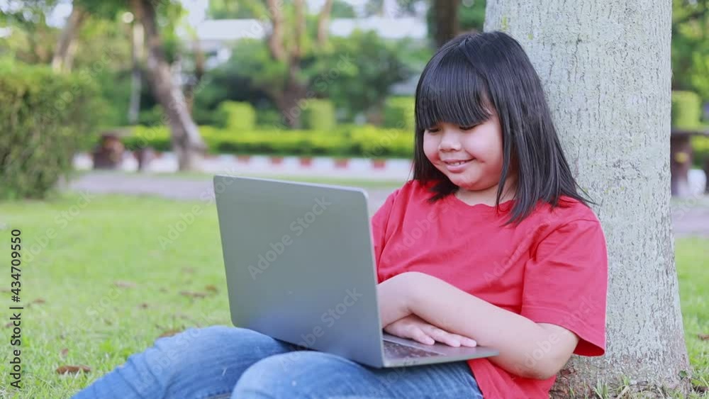 A girl uses a notebook computer in the grass. A girl uses a notebook computer in the grass.