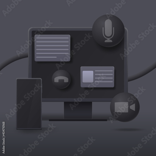 Computer and smartphone in 3D style on a dark background. The concept of working and communicating on the Internet. Vector illustration.