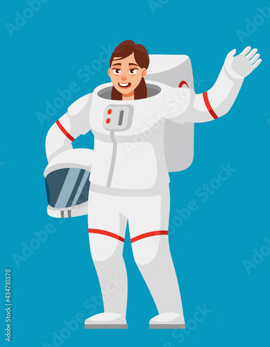 Female astronaut waving hand. Woman in cartoon style.