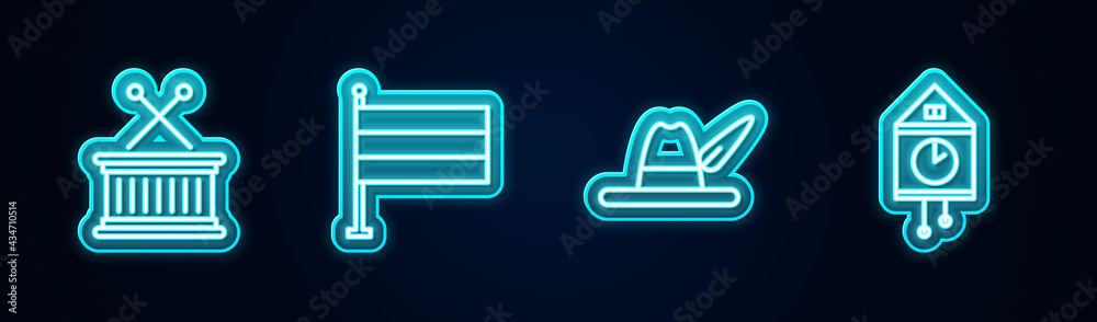 Set line Musical drum and sticks, National Germany flag, Oktoberfest hat and Retro wall watch. Glowing neon icon. Vector Set line Musical drum and sticks, National Germany flag, Oktoberfest hat and Retro wall watch. Glowing neon icon. Vector