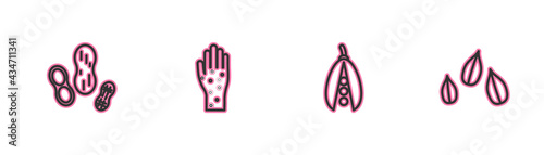 Set line Peanut, Kidney beans, Hand with psoriasis or eczema and Sesame seeds icon. Vector
