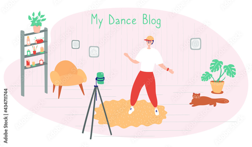 Young blogger. Dancer is dancing in front of camera. Guy shoots funny video for social networks. Vector hand drawn illustration in cartoon style