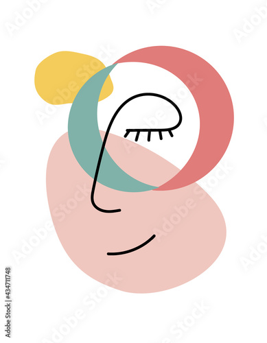 Vector template with line portrait of woman with abstract colorful shapes and spots. Modern abstract simple face. Linear female beauty design. Isolated on a white background. Printable modern wall art