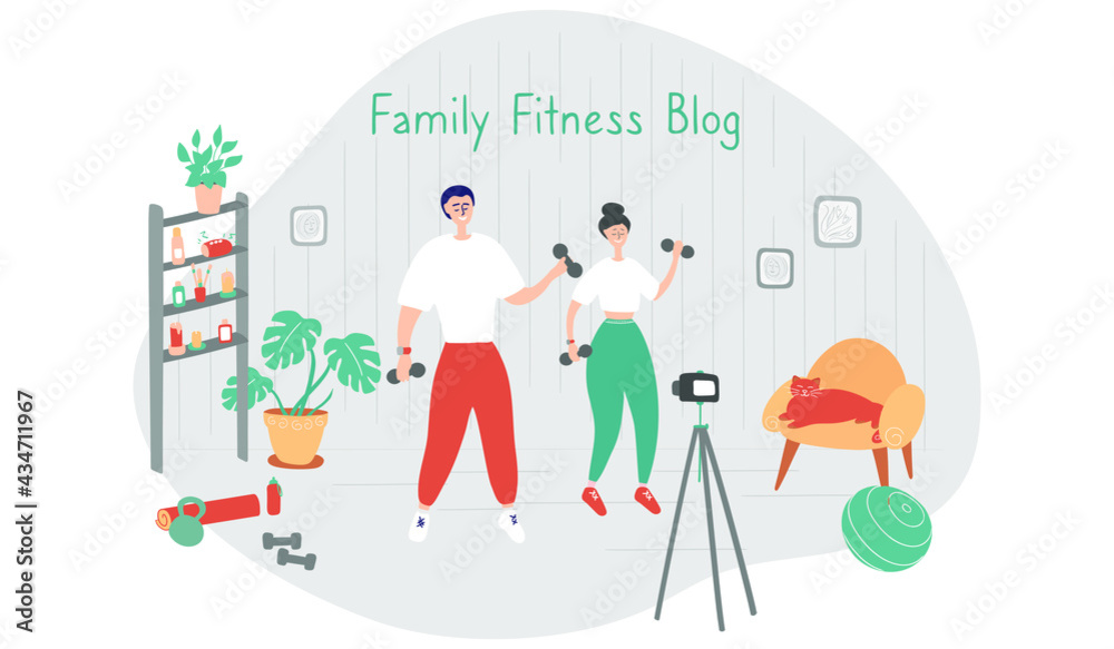 Family fitness blog. Bloggers are recording content for their video blog. Athletes are broadcasting to their subscribers with camera on tripod. Fitness and healthy lifestyle concept. Vector