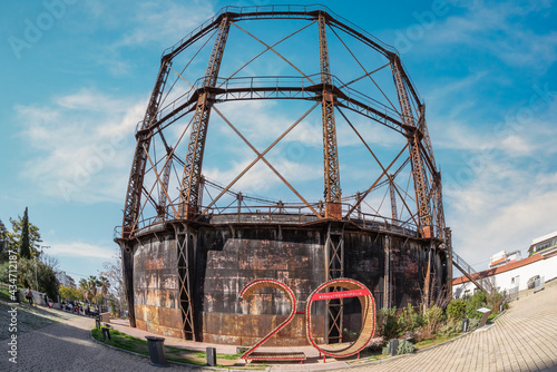 Athens, Attica, Greece. The gasholder at the old gasworks premises at Technopolois - Gazi area in Athens city. Nowadays serves as a major cultural venue photo