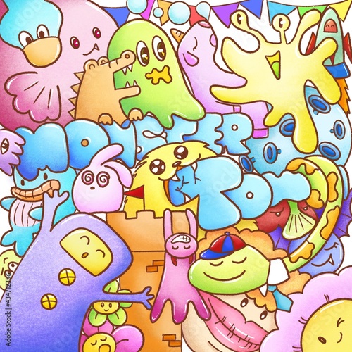Hand draw colorful cute doodle monsters.