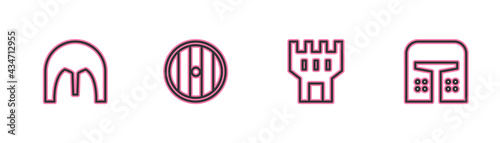 Set line Medieval iron helmet, Castle tower, Round wooden shield and icon. Vector