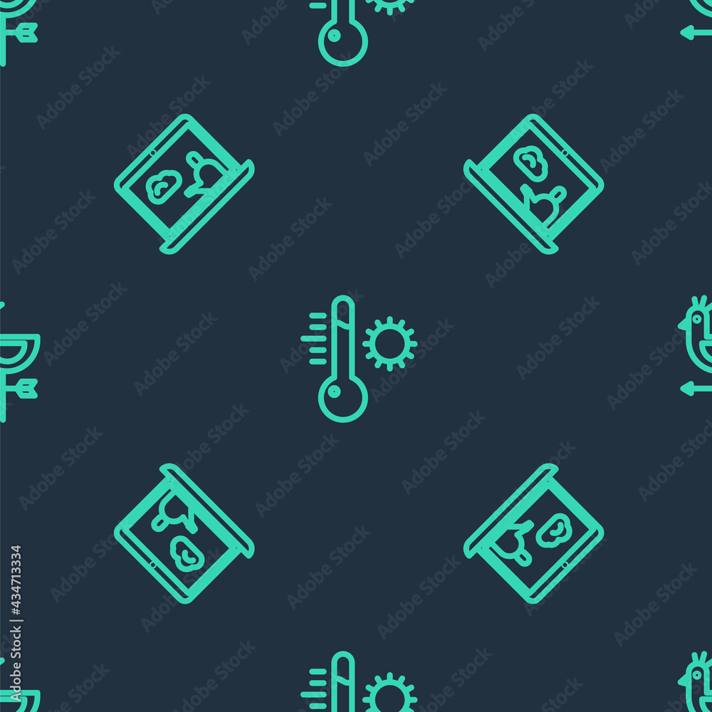 Set line Meteorology thermometer, Weather forecast and Rooster weather vane on seamless pattern. Vector Set line Meteorology thermometer, Weather forecast and Rooster weather vane on seamless pattern. Vector
