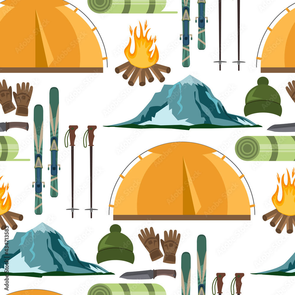 Mountain hike winter ski hiking snowy backpack skiing accessories travel climbing mountaineering vector adventure illustration seamless pattern background