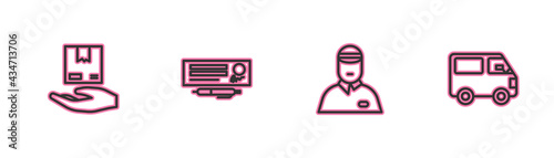 Set line Delivery hand with boxes, Seller, Bank check pen and cargo truck vehicle icon. Vector
