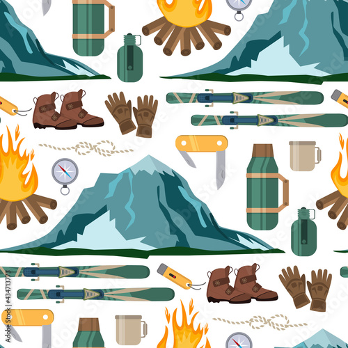 Mountain hike winter ski hiking snowy backpack skiing accessories travel climbing mountaineering vector adventure illustration seamless pattern background