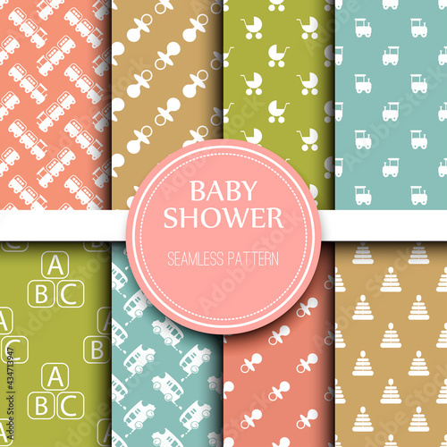 Baby shower toys seamless pattern background vector cute wallpaper scrapbook newborn textile paper illustration.
